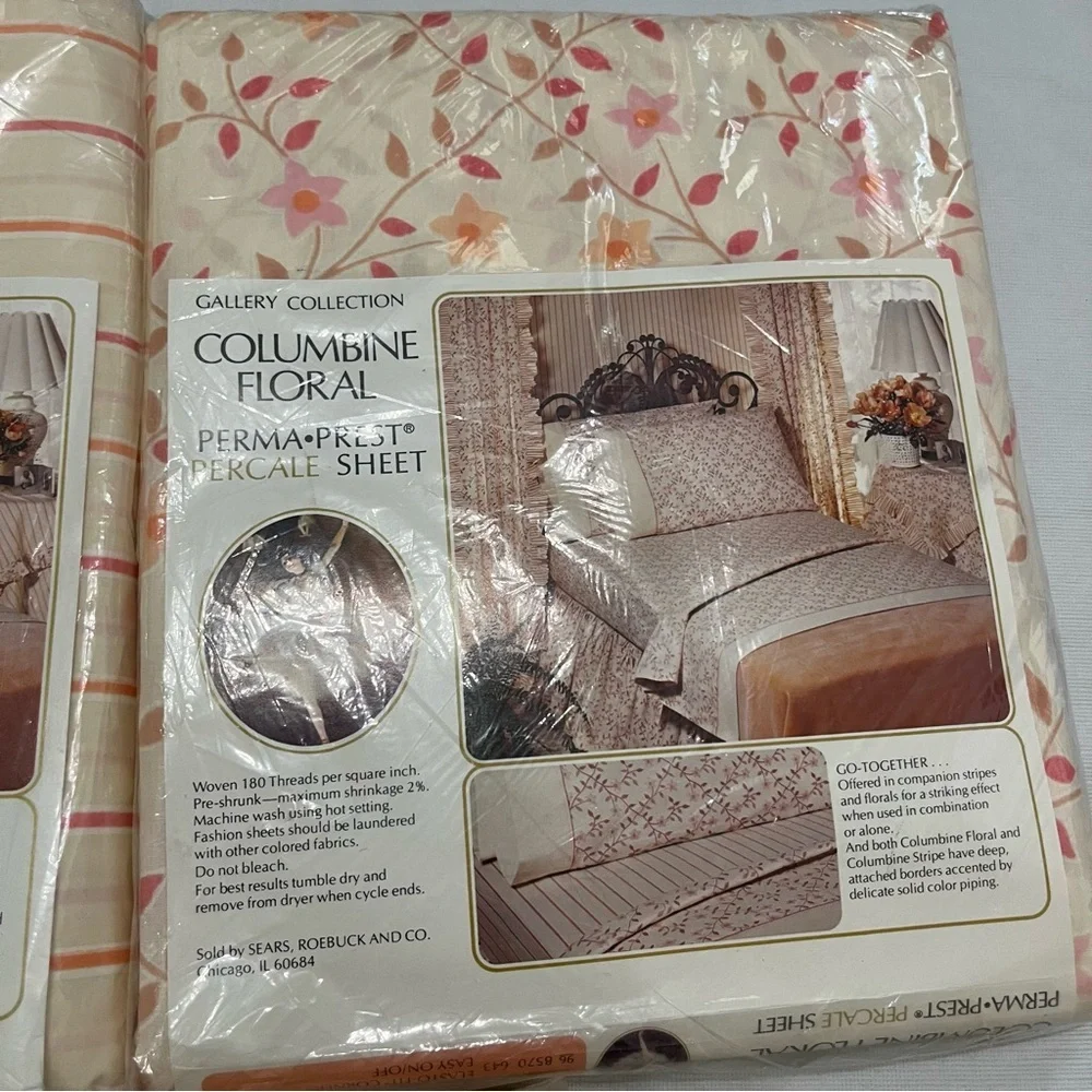 Vintage Twin Sheets Set Columbine Stripe Floral
